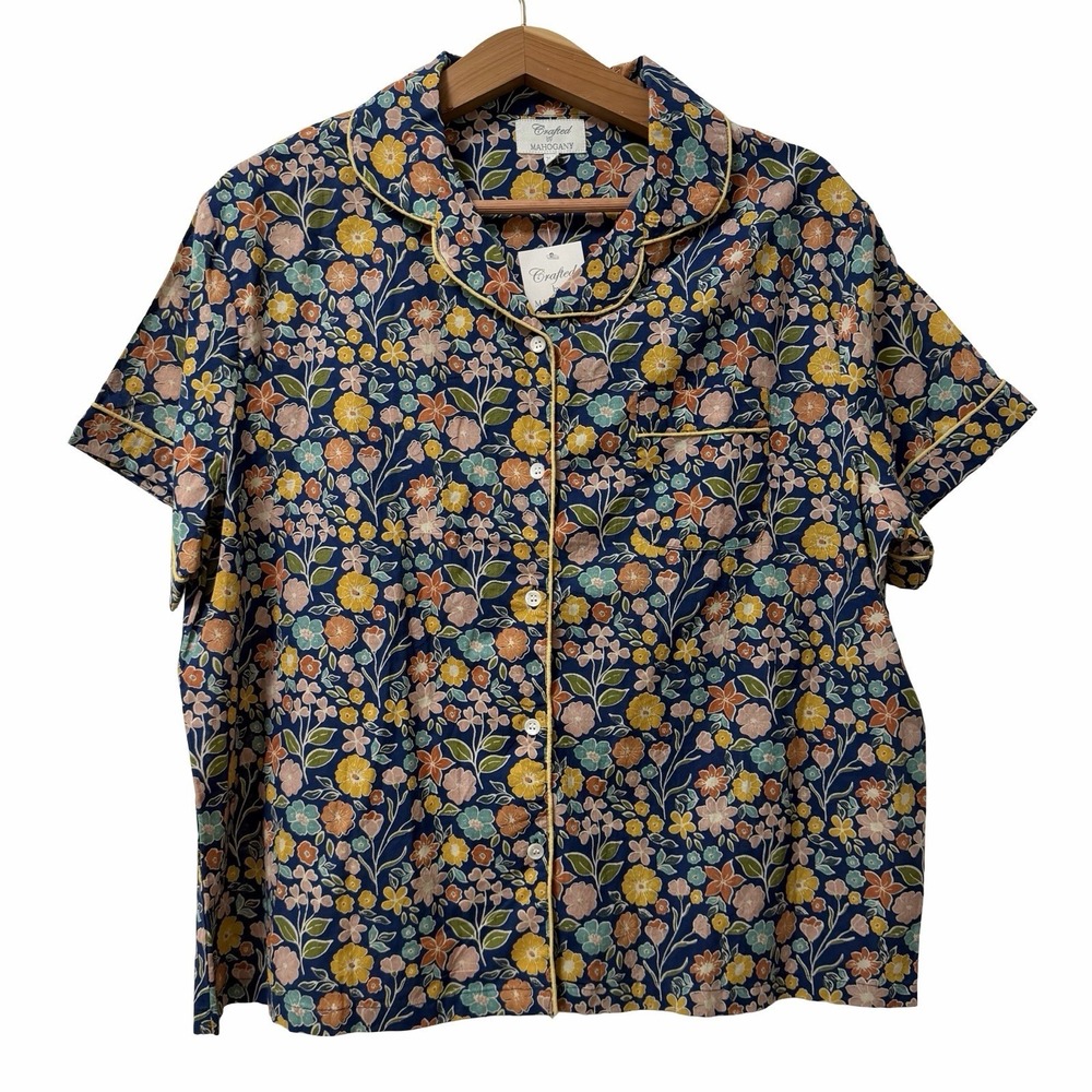 Mahogany Womens Floral Button Up Pajama Top Size XL Blue Cotton Sleepwear NEW